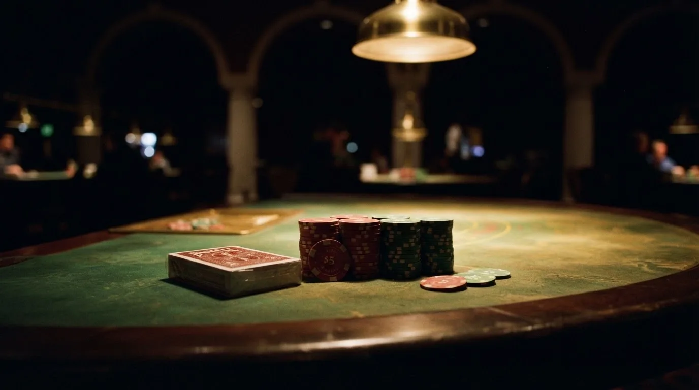 Pelikorttipakka ja pinoja pelimerkkejä viherhuopapöydällä himmeässä kasinosalissa lämpimän lampun valossa — casino ilmaiskierros