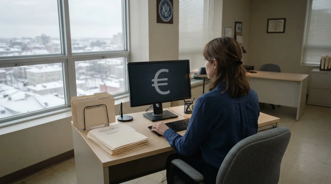 Virkailija istuu vaaleassa virastohuoneessa tietokoneen ääressä, ikkunasta näkyy talvinen kaupunkimaisema.