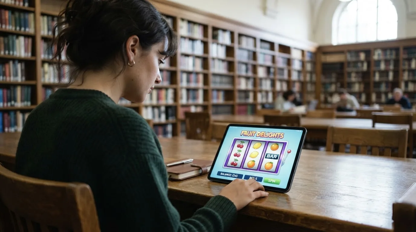 Nuori aikuinen istuu kirjaston pöydän ääressä tablet-laite kädessään hiljaisessa tilassa täynnä kirjahyllyjä.