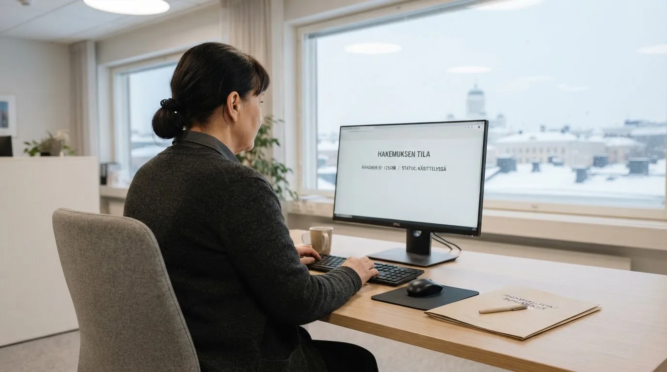 Virkailija istuu vaaleassa virastohuoneessa tietokoneen ääressä, ikkunasta näkyy talvinen kaupunkimaisema.