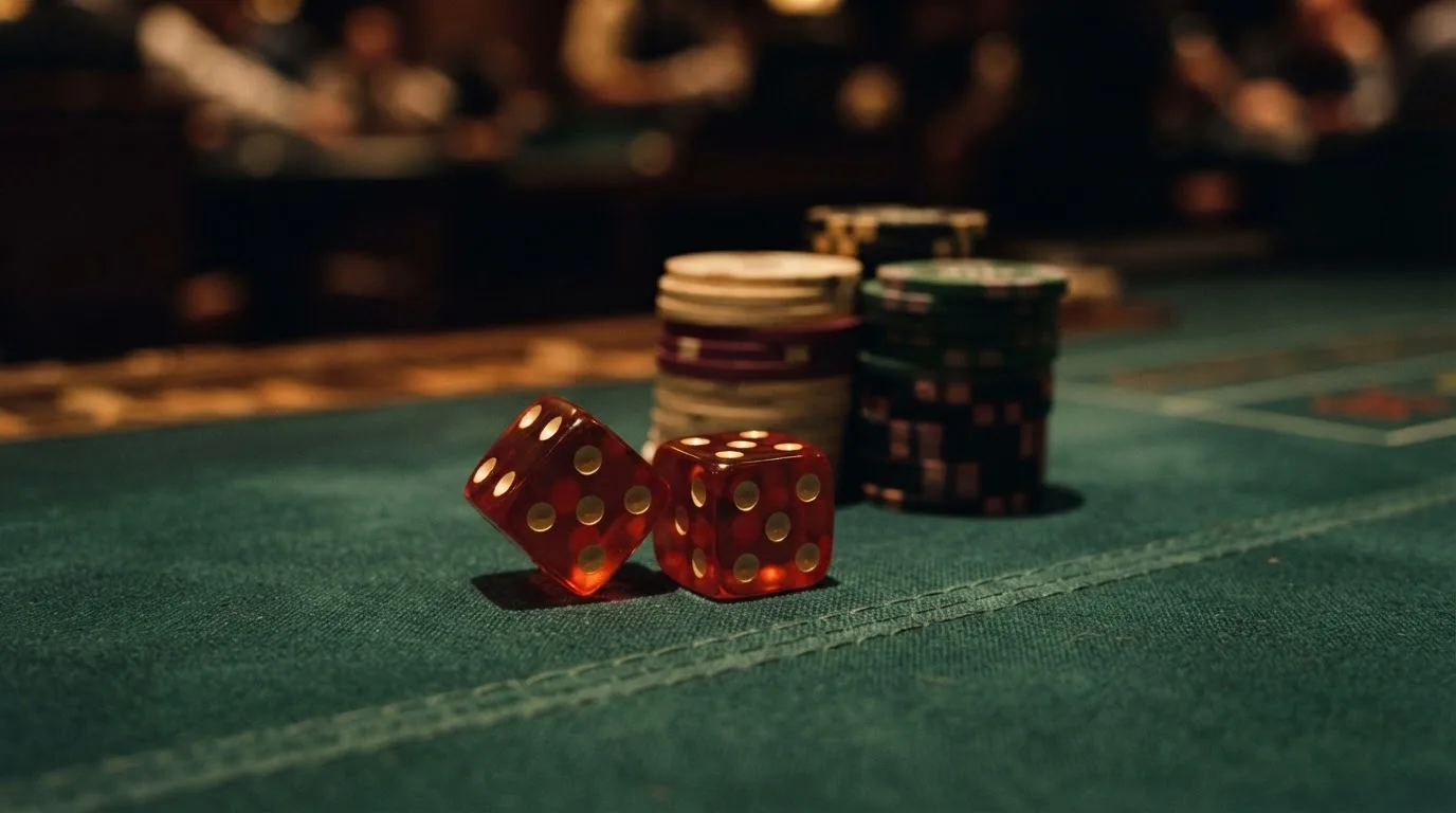 Punaiset nopat lepäävät vihreällä huovalla, taustalla sumeita pelimerkkitorneja iltahämärässä — kolikkopelit casino pelit
