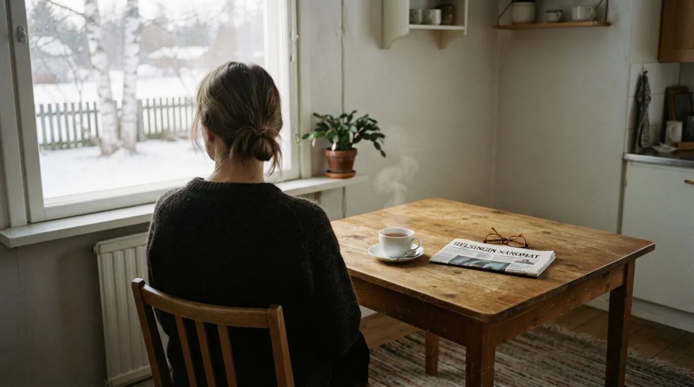 Henkilö istuu keittiön pöydän ääressä teekupin kanssa katsoen ulos ikkunasta rauhallisesti.
