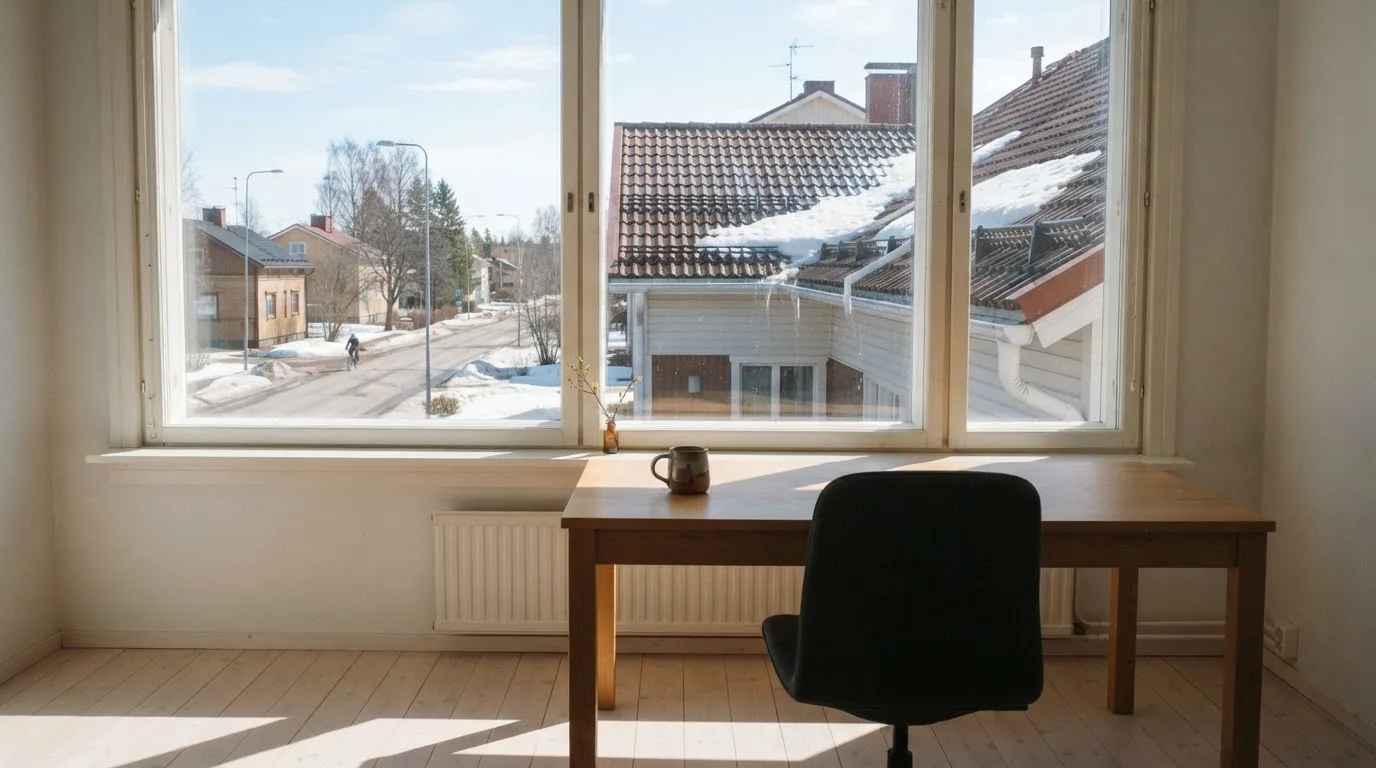 Toimistohuoneen ikkunasta näkyy maaliskuun aamu, lumi sulaa katolla auringonpaisteessa hiljaisella aamulla.