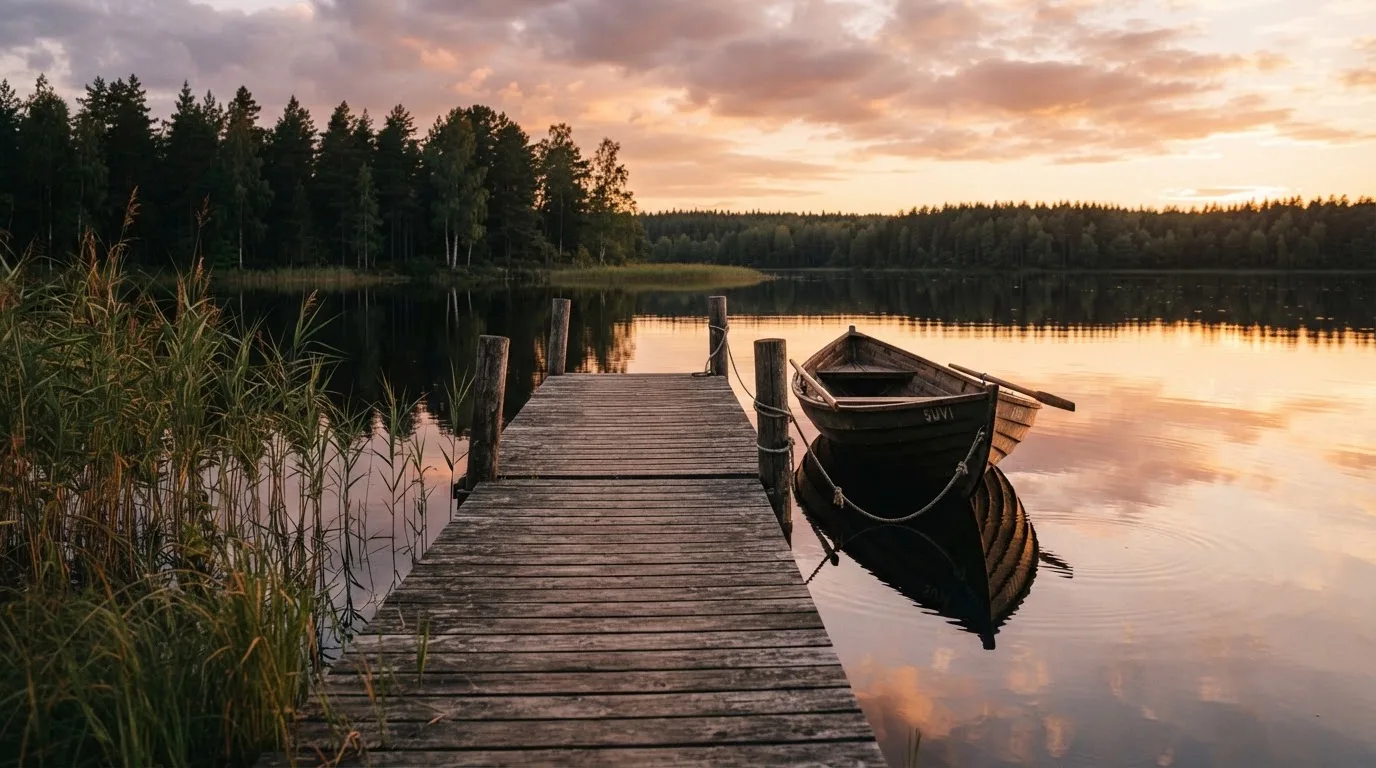 Laituri tyynellä järvellä auringonlaskussa, vanha soutuvene kiinnitettynä ja vedessä pilvien heijastus — luotettavat suomalaiset kasinot