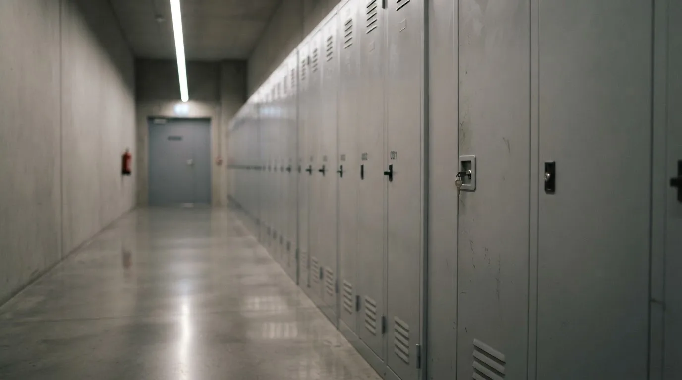 Rivi lukittuja metallikaappeja harmaassa käytävässä, loisteputken kylmä valo heijastuu lattiasta — nettikasinon suurin mahdollinen voitto