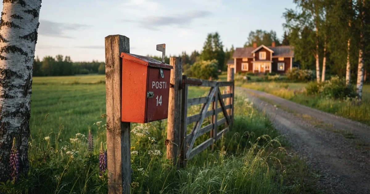 Punainen postilaatikko maalaistalon portilla kesäillassa, ruoho on kasteessa ja varjot pitkiä — nettikasinot minimi talletus