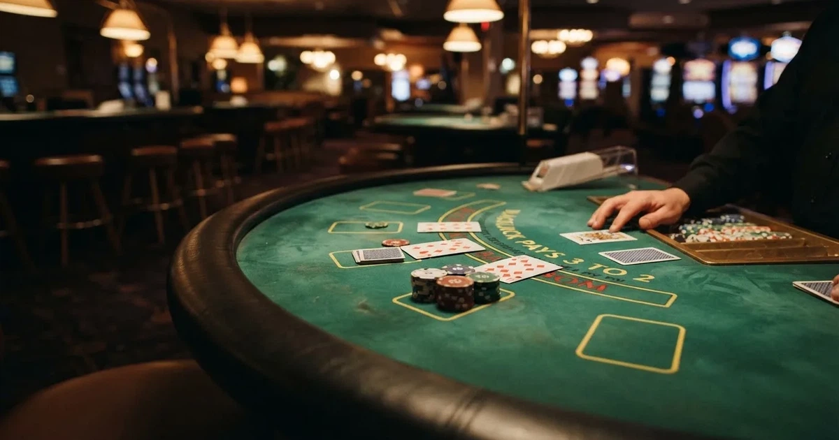 Blackjack-pöytä kasinosalissa, kortit levitettynä pöydälle ja pelimerkit pinottuna reunalle pehmeässä valaistuksessa.