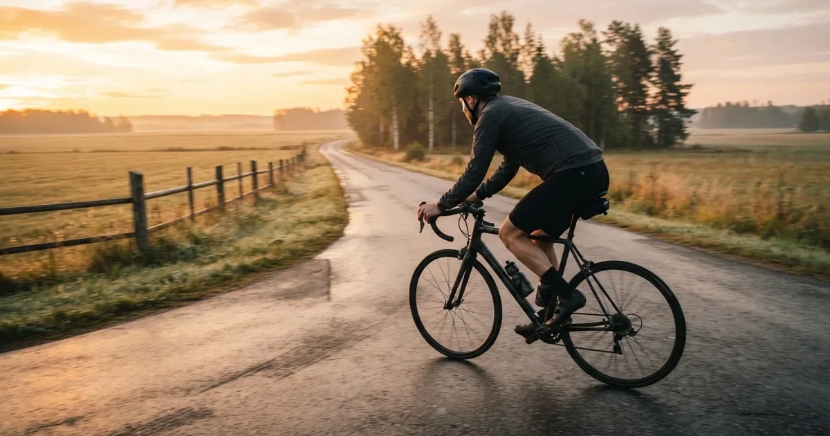 Pyöräilijä kiitää maantietä pitkin auringonnousussa, liike sumentaa peltomaiseman taustalle — parhaat ecopayz kasinot