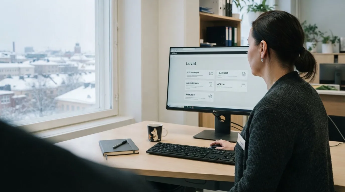 Virkailija istuu vaaleassa virastohuoneessa tietokoneen ääressä, ikkunasta näkyy talvinen kaupunkimaisema.