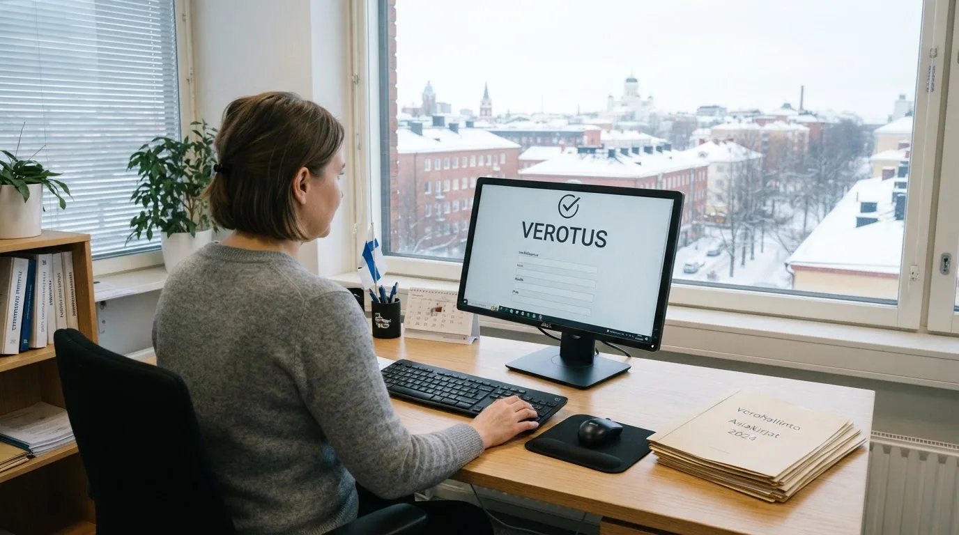 Virkailija istuu vaaleassa virastohuoneessa tietokoneen ääressä, ikkunasta näkyy talvinen kaupunkimaisema.