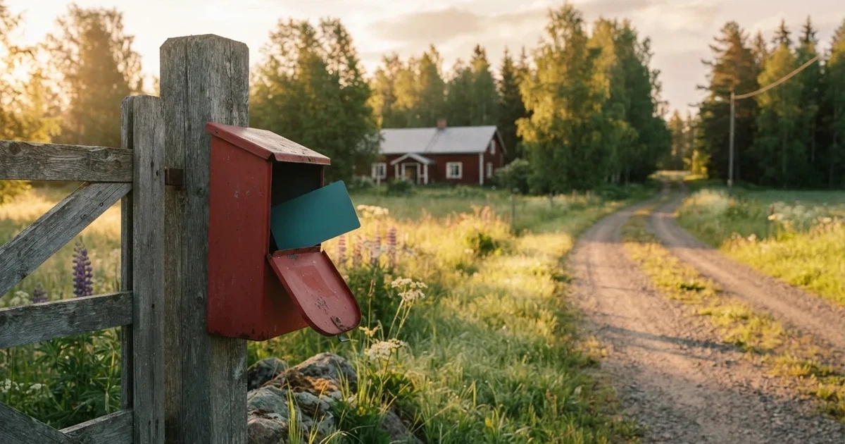 Punainen postilaatikko maalaistalon portilla kesäillassa, ruoho on kasteessa ja varjot pitkiä — parhaat neosurf kasinot