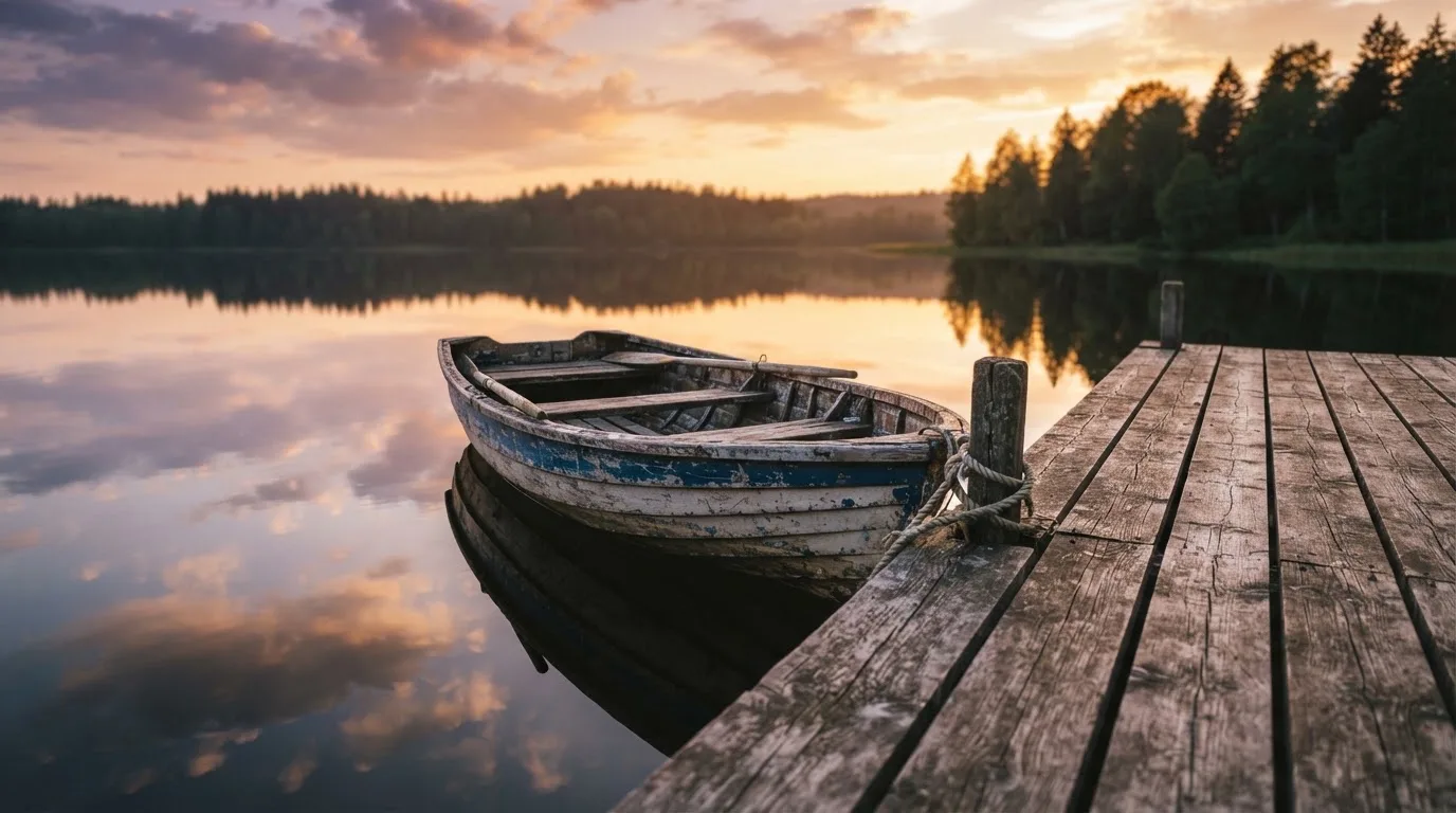 Laituri tyynellä järvellä auringonlaskussa, vanha soutuvene kiinnitettynä ja vedessä pilvien heijastus — parhaat nettirahapelit suomessa