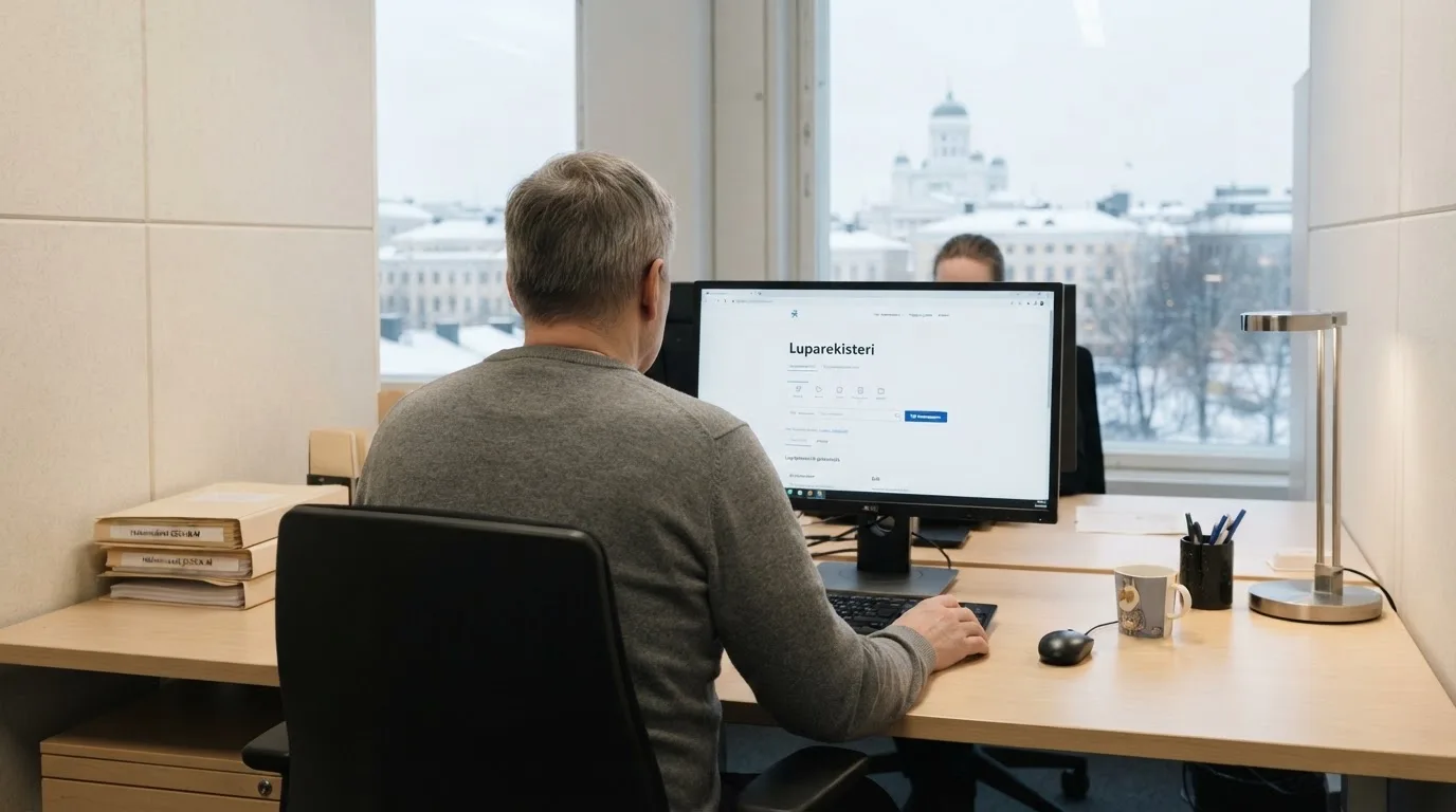 Virkailija istuu vaaleassa virastohuoneessa tietokoneen ääressä, ikkunasta näkyy talvinen kaupunkimaisema.