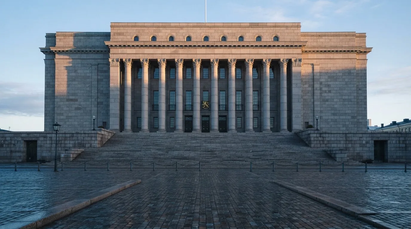 Kivinen valtionhallinnon julkisivu Helsingissä aamunkoitteessa, korkeat pylväät ja tyhjä aukio edessä — parhaat siirto kasinot