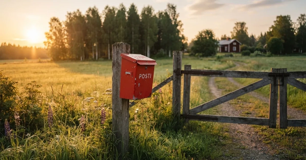 Punainen postilaatikko maalaistalon portilla kesäillassa, ruoho on kasteessa ja varjot pitkiä — parhaat trumo kasinot