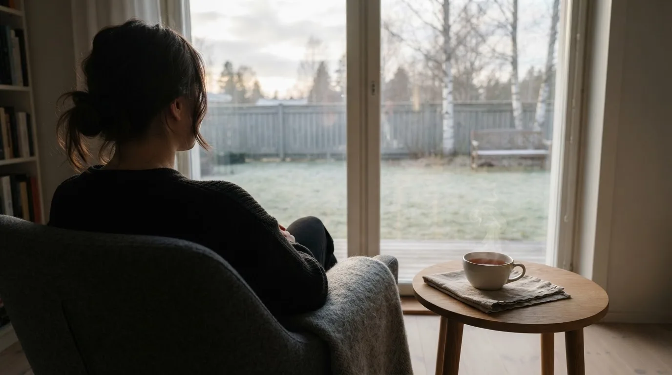 Henkilö istuu ikkunan ääressä teekupin kanssa, katse suunnattuna ulos hiljaiseen pihamaisemaan.