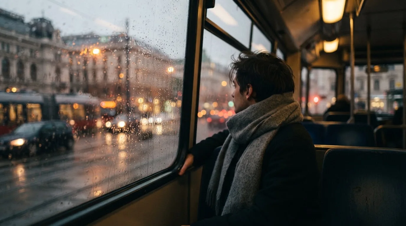 Sadepisaroita raitiovaunun ikkunassa, takana hämärtyvä katu ja kädessä pehmeä villahuivi — rahapelit ilmaista pelirahaa