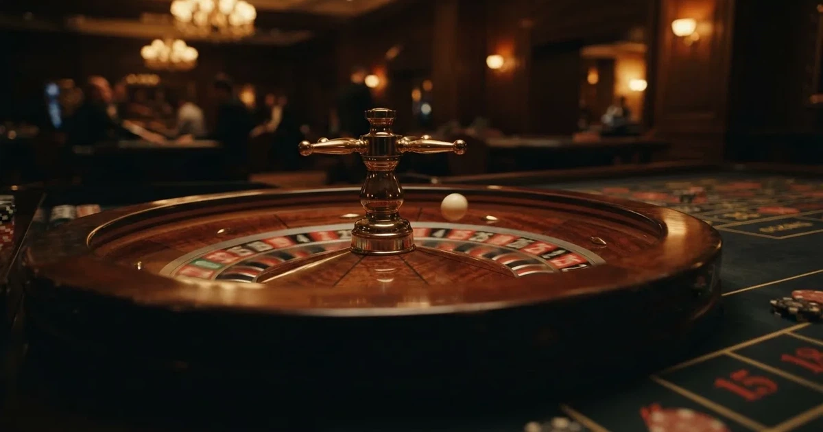 Roulette-pöytä lähikuvassa, jossa pyörivä pyörä ja pallo hyppäävät numerolokeroiden välillä pelisalin hämärässä valaistuksessa.