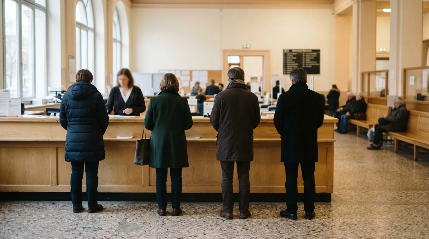 Virastorakennuksen aula, jossa asiakaspalvelutiski ja odottava jono ihmisiä hallinnollisen käsittelyn arjessa.