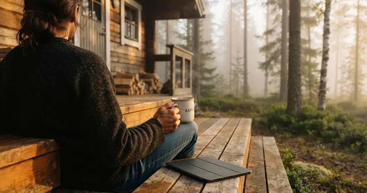 Kädet pitelevät lämmintä kaakaomukia metsämökin portailla, vieressä suljettu tabletti ja aamusumua — suomalainen mobiilikasino bonukset