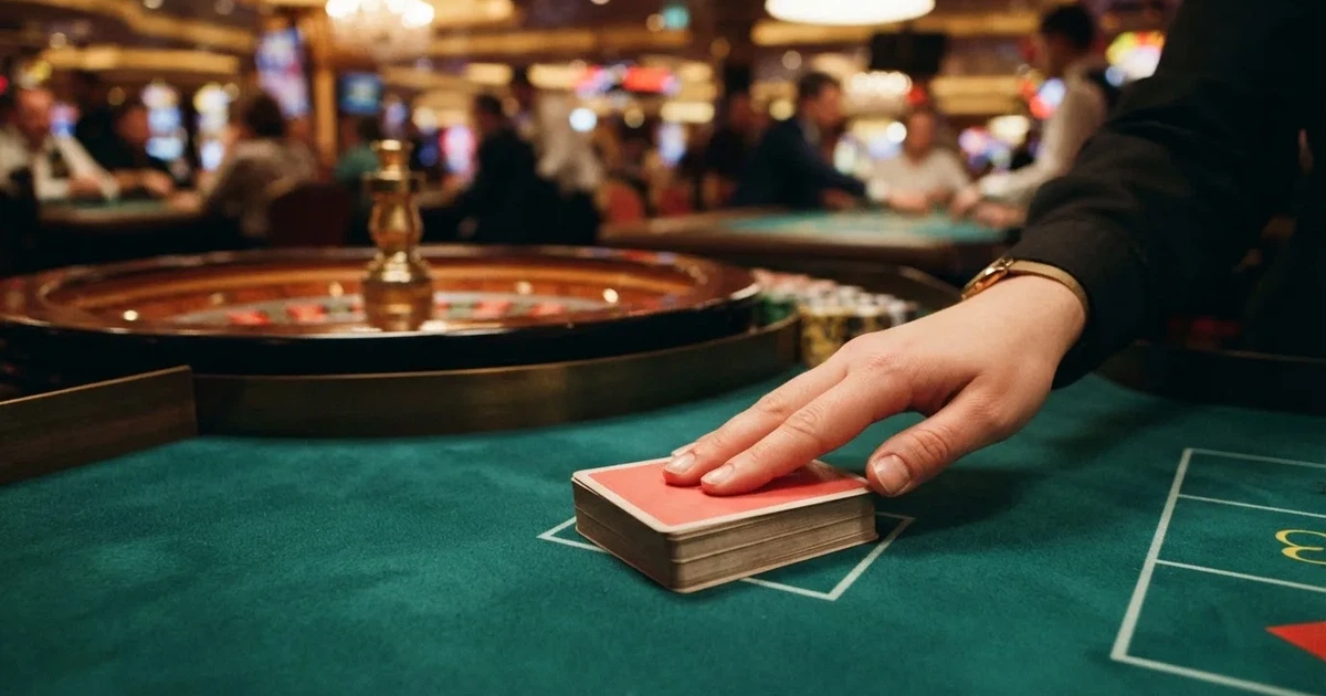 Pelinjohtajan kädet sekoittavat pelikortteja viherhuovalla, kattovalo heijastuu kiiltävään korttipinoon — suomalainen ruletti