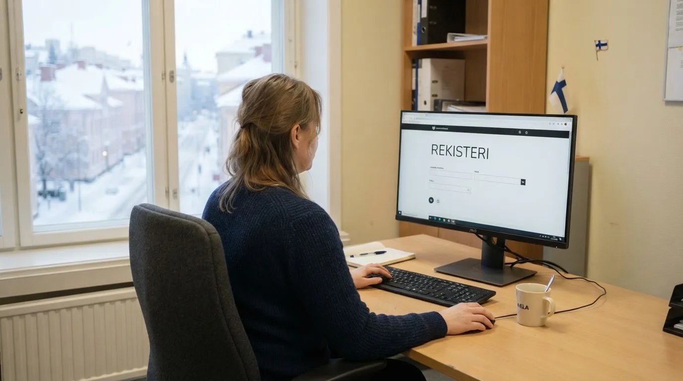Virkailija istuu vaaleassa virastohuoneessa tietokoneen ääressä, ikkunasta näkyy talvinen kaupunkimaisema.