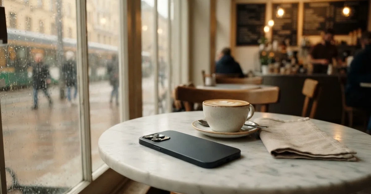 Puhelin kasvot alaspäin kahvilan pöydällä, vieressä latte ja ikkunasta näkyy sadetta — top 10 parhaat mobiili kasinot
