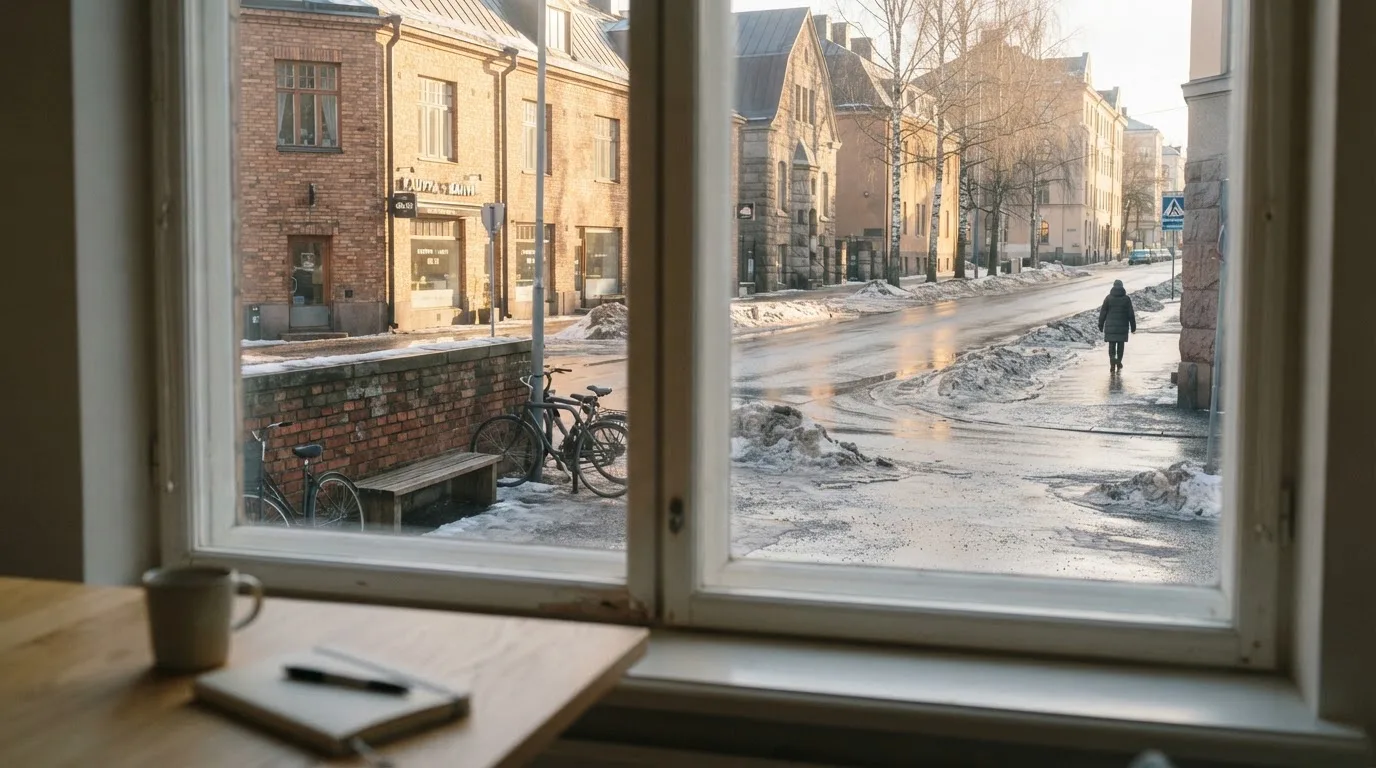 Toimistohuoneen ikkunasta näkyy maaliskuun aamu, lumi sulaa hiljaa kadulla auringon lämmittäessä.