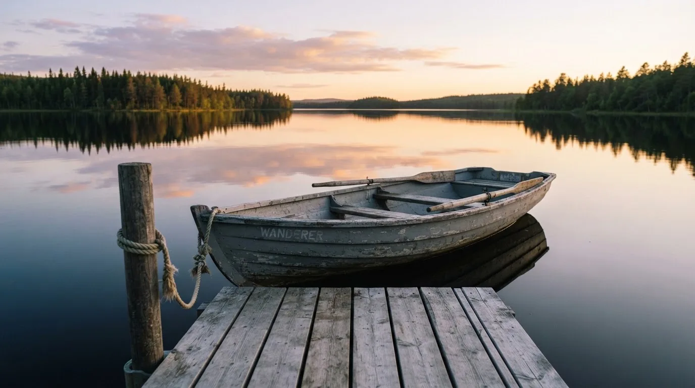 Laituri tyynellä järvellä auringonlaskussa, vanha soutuvene kiinnitettynä ja vedessä pilvien heijastus — turvallisimmat oikean rahan nettikasinot