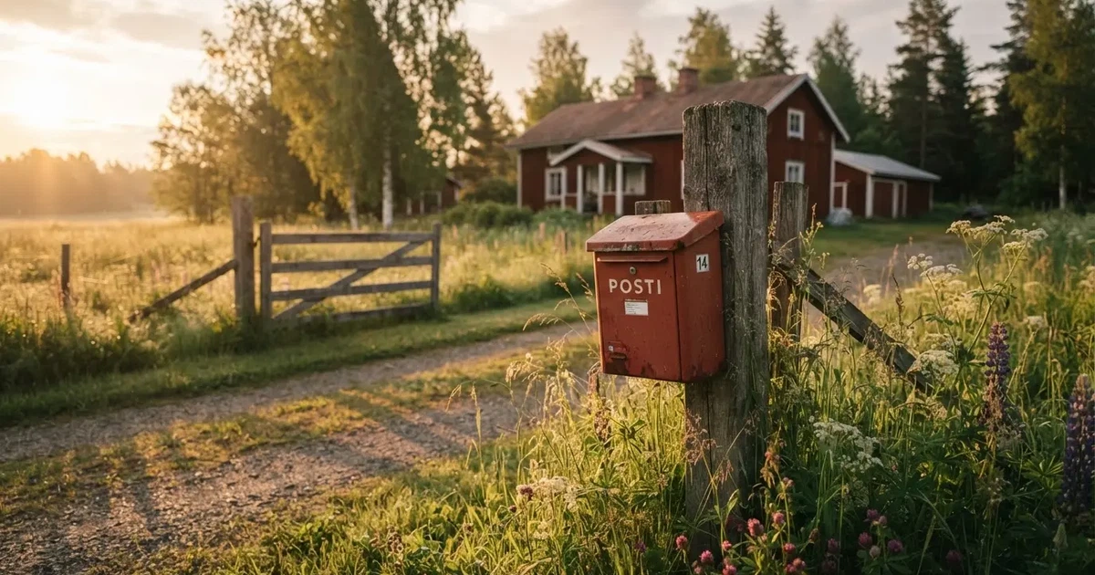 Punainen postilaatikko maalaistalon portilla kesäillassa, ruoho on kasteessa ja varjot pitkiä — uudet pikacasinot kokemuksia