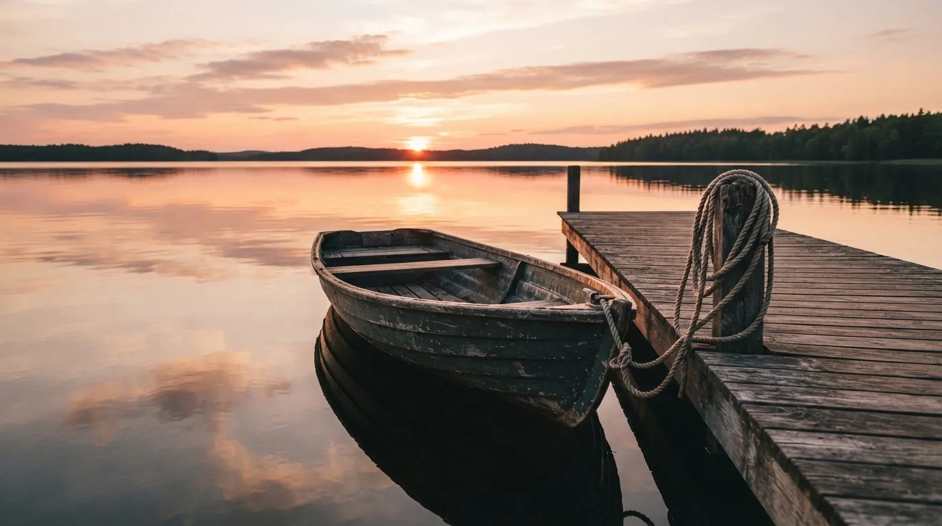 Laituri tyynellä järvellä auringonlaskussa, vanha soutuvene kiinnitettynä ja vedessä pilvien heijastus — varma voitto kasino